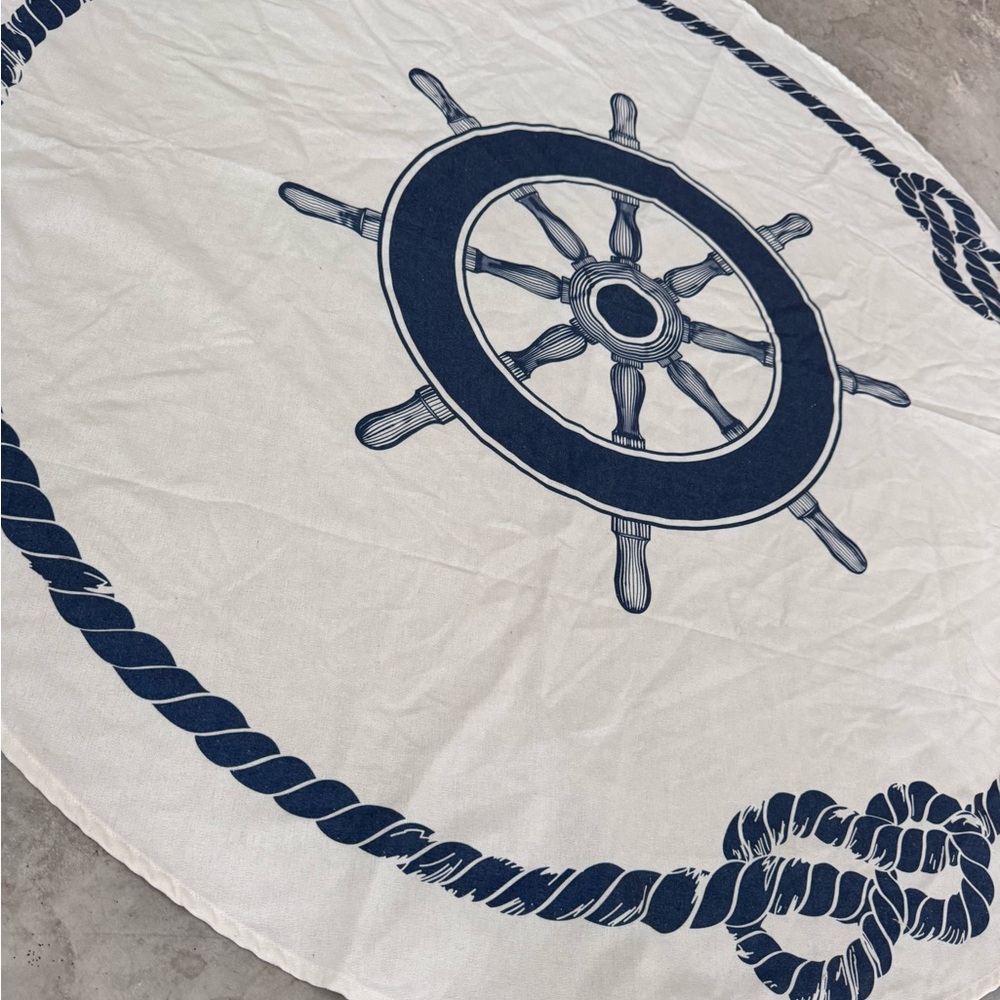 Nautical Round Table Cloth with Ship Wheel & Rope Design - Navy on White 53.5” - Picture 3 of 6